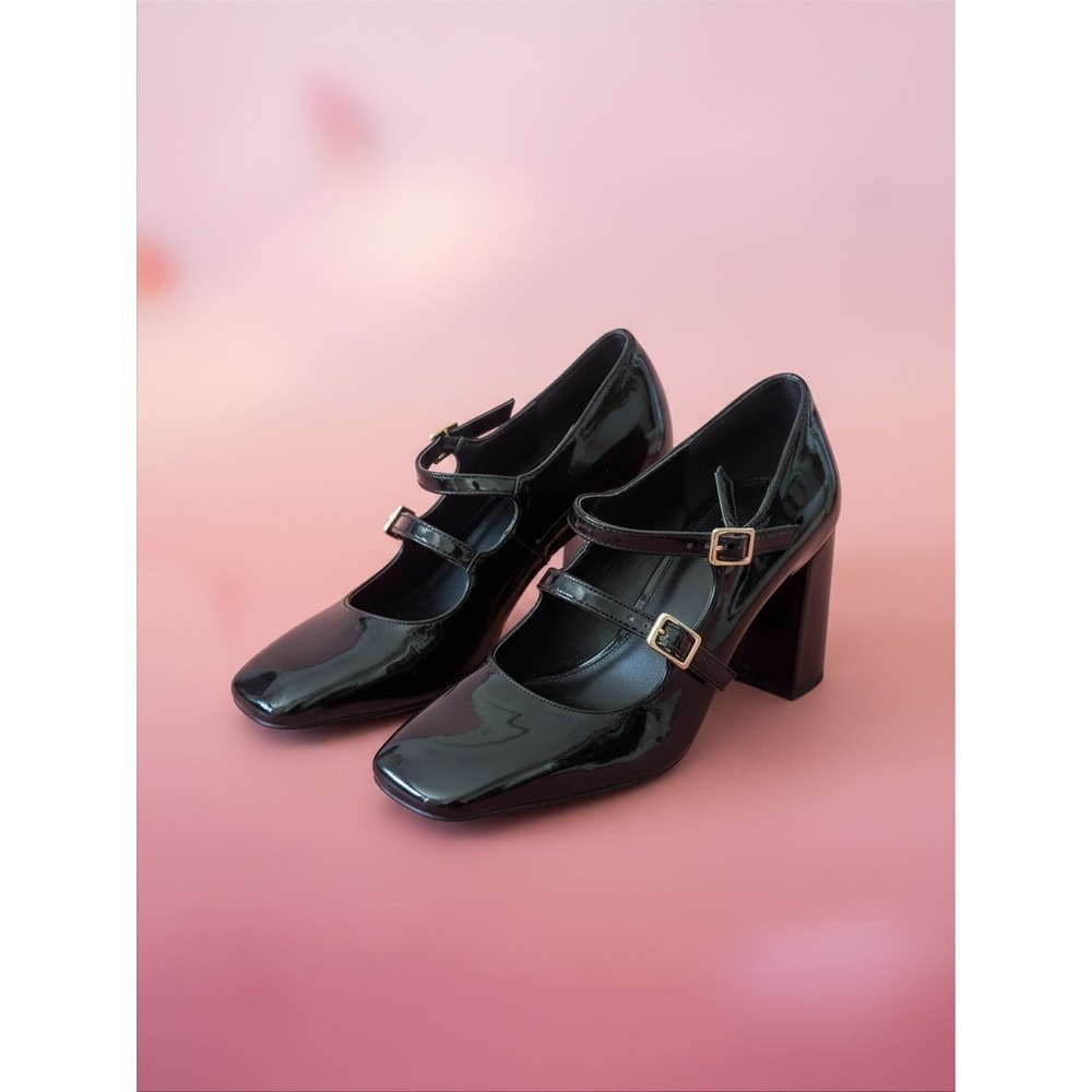 H&M Mary Jane Pumps Womens 39 Black Patent Square Toe Block Heel Double Strap